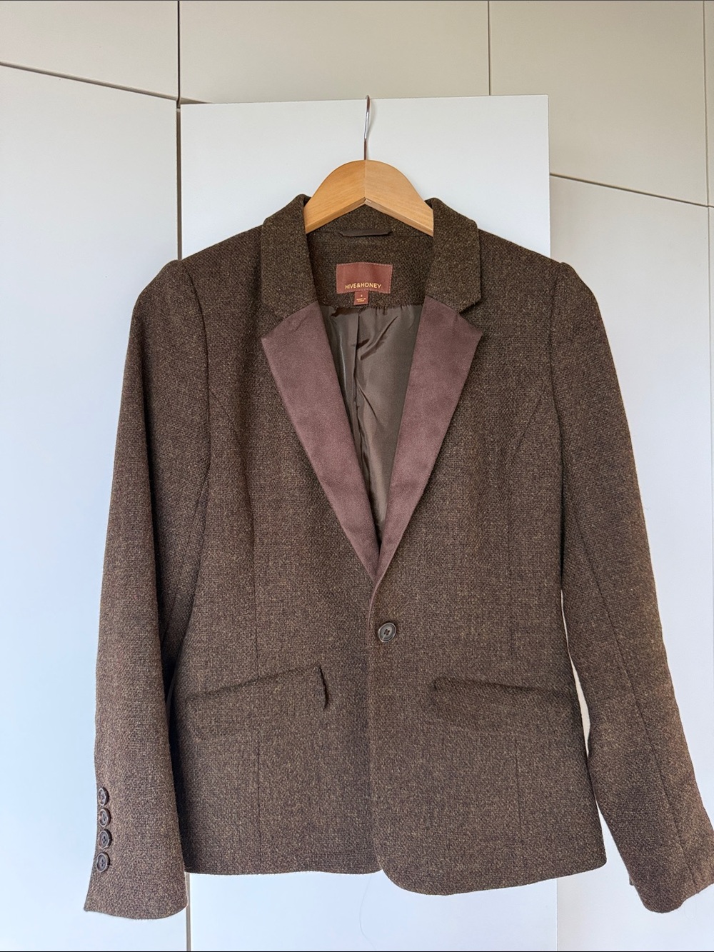 Women’s Brown Tweed Blazer with Faux Suede Trim